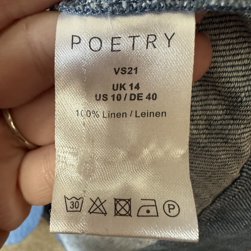 Poetry Dress Sz 10 Blue Linen Relaxed Boho Peasant Pockets 1/2 Button 3/4 Sleeve - Picture 7 of 7